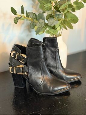 Gianni Bini Black Leather Ankle Booties with Gold Buckles